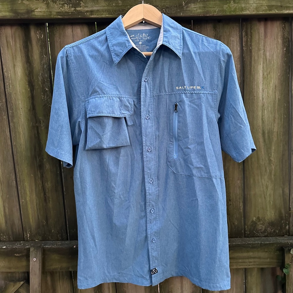 Salt Life Mens Sz Small Blue Short Sleeve Vented Fishing Shirt Stretch Utility